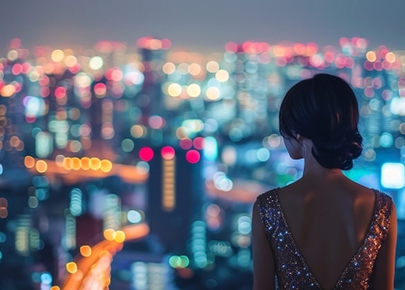 夜景と女性